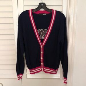 Vintage Love Moschino Navy and Pink Women's Cardigan Sweater with Sequins Detail